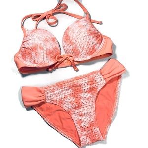 Aerie Hop Lun Coral Crochet Bikini Set 32C/Small
